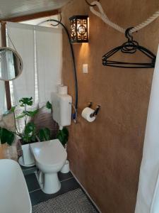 a bathroom with a toilet and a light on the wall at A tiny sea home in the wilderness in Vis +50 photos