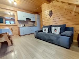 a living room with a blue couch and a kitchen at Domki Pienińskie in Szczawnica