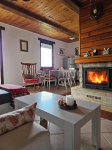 a living room with a fireplace and a table at Baranja Black Hill's in Gajić