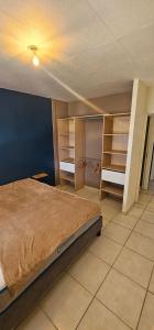 a bedroom with a bed and a blue wall at KAZ Les pêchers in Saint-Denis