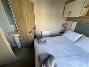 a small bedroom with a bed and a sink at Dolphin View in Llanddwywe