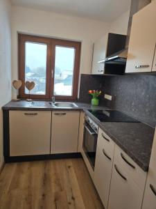 a kitchen with a sink and a counter top at Ferienwohnung Wilde Hilde inklusive aktivCARD in Arrach +10 photos