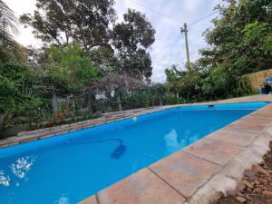 a blue swimming pool in a yard with trees at Seaview Serenity in Gqeberha