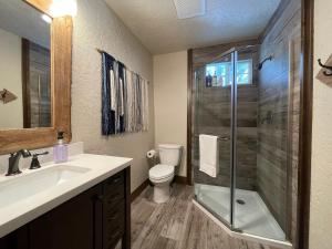 a bathroom with a shower and a toilet and a sink at The Little Dipper Cabin in Shaver Lake +46 photos