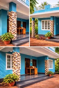 four different views of a house with blue paint at Casa Tangerina in Varkala