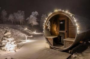 a wooden cabin in the snow at night at Janiołów Wierch 43 Jacuzzi i Sauna in Groń