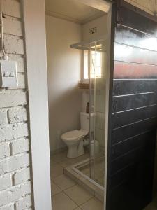 a bathroom with a toilet and a glass door at The Cozy Acre Unit 2 in Potchefstroom