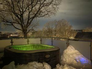 a green bath tub with snow around it at Exklusives Penthouse mit Outdoor Sauna und Whirlpool in Wunschtemperatur in Burgwedel