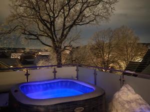 a blue tub sitting in front of a tree at Exklusives Penthouse mit Outdoor Sauna und Whirlpool in Wunschtemperatur in Burgwedel +21 photos