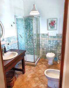a bathroom with a shower and a toilet and a sink at Casale la Decima in Budrio
