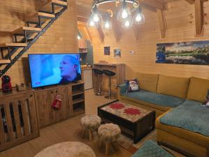 a living room with a couch and a flat screen tv at Vikendica Villa Marija Pale in Pale