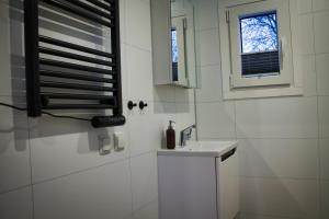 a white bathroom with a sink and a window at Ferienhaus Noa in Twist +15 photos