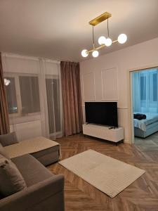 a living room with a couch and a flat screen tv at Urusagului flat in Floreşti