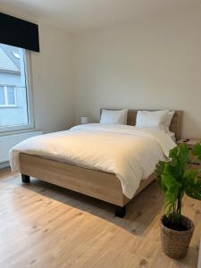 a bed with white sheets and a plant in a room at FDS Luxe House in Ghent