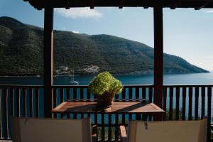 a table with a potted plant on top of a balcony at Yioka House in Mikros Gialos