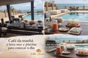 a table with food on it next to a swimming pool at Villa Búzios in Nísia Floresta