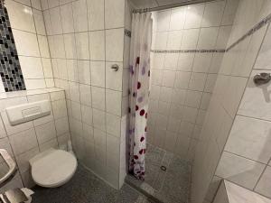 a bathroom with a shower with a toilet and a shower curtain at Lessinghof in Braunschweig +11 photos