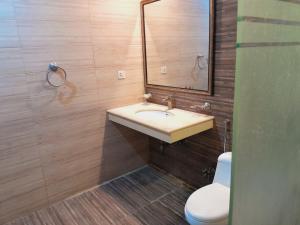 a bathroom with a sink and a toilet and a mirror at Urban Pearl Apartment in Rawalpindi +12 photos