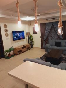 a living room with a couch and a tv at Urban Pearl Apartment in Rawalpindi