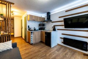 a living room with a kitchen and a tv on a wall at La Canopée Jurassienne in Les Rousses +24 photos