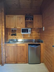 a kitchen with a sink and a microwave at La Cabaña Rural in Paúl