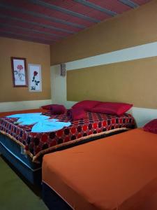 two beds in a bedroom with red and blue at Pousada Nosso Recanto Camocim in Camocim