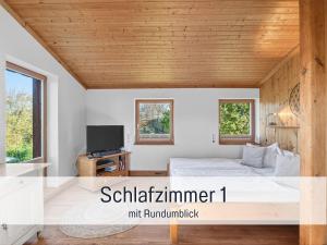 a bedroom with a bed and a tv at Ferienhaus Töpferhaus - strandnah, haustierfreundlich, Kaminofen, Garten, Platz für 3 Erwachsene, 2 Kinder in Steinberg