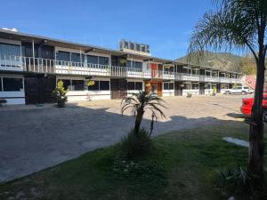 a building with a palm tree in front of it at Hotel Acambay in Acambay