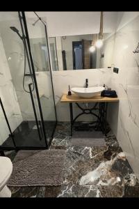 a bathroom with a sink and a shower at Slow Time in Morąg