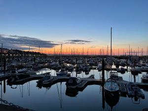 a group of boats docked in a marina at sunset at Apartment B in Bangor +9 photos