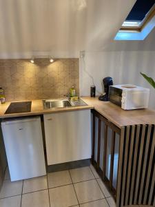 a kitchen with a sink and a microwave on a counter at Studio centre ville in Nevers