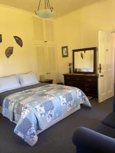 a bedroom with a bed and a dresser and a mirror at Halfmoon Cottage in Akaroa