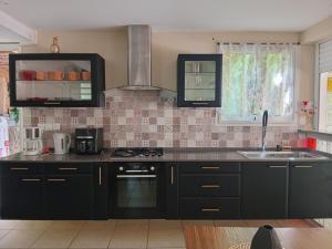 a kitchen with black cabinets and a sink at La Parenthèse Verte à ducos in Ducos