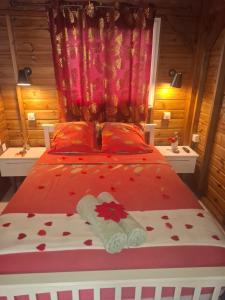 a bedroom with a bed with red hearts on it at Gwada fun habitation in Saint-Claude