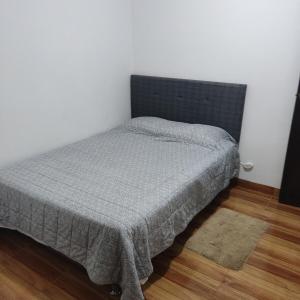a bedroom with a bed with a gray blanket on it at La Palmera Apartment in San Bartolo