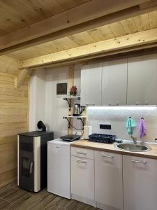 eine Küche mit weißen Schränken und einer Spüle in der Unterkunft Vikendice Kovacevic in Tugovo
