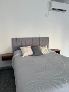 a large bed with a gray headboard and two pillows at Studio Ikuma in Esperanza