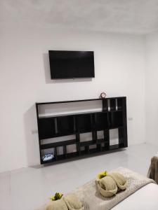a flat screen tv on a wall with a couch at Galápagos Apartments in Puerto Ayora