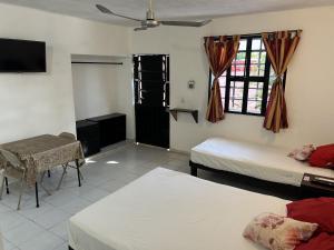 a bedroom with two beds and a table and a tv at Casa Cuevas & Amaro in Mérida