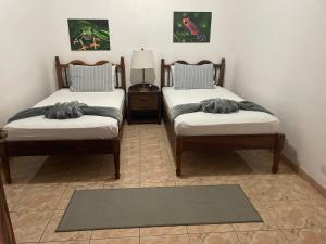 two twin beds in a room with a rug at Ocean view Apartment in Puerto Limón +10 photos