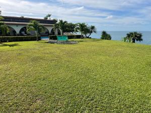 a large grassy field next to a building and the ocean at Caribbean View in Puerto Limón