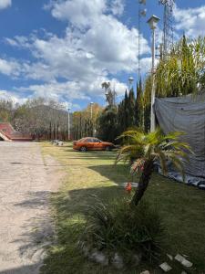 an orange car parked in a parking lot with a palm tree at Hotel Acambay in Acambay