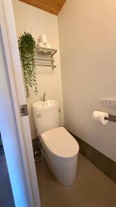 a bathroom with a white toilet and a plant at 月みるいえ in Akaoki