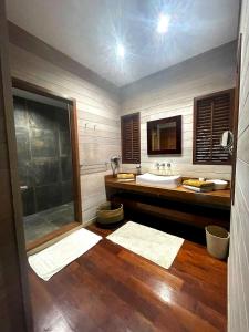 a bathroom with a sink and a large mirror at Villa Anani in Papetoai