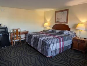 a hotel room with a bed and a desk and chair at The Falls Motel - 2 Mi to " Watkins Glen State Park, Wineries " and 4 Mi to Watkins Glen International Track " The Glen " in Watkins Glen