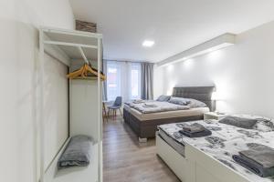 a bedroom with two beds and a mirror at Apartmán U Zlaté hroudy in Zlaté Hory