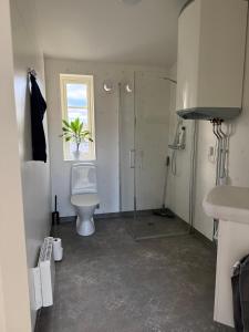 a bathroom with a toilet and a glass shower at Holiday home Kolmårdsgården in Kolmården +35 photos