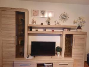 a entertainment center with a flat screen tv in a living room at Ferienwohnung Schnuffi Wolfgang Kresse in Bad Harzburg