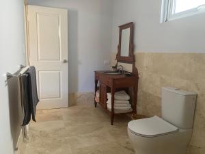 a bathroom with a toilet and a sink and a mirror at Southerly Studio in Augusta