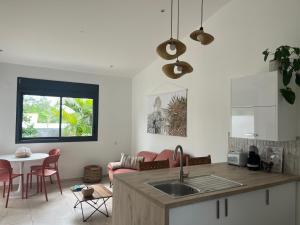 a kitchen and living room with a sink and a table at Case Ylang Blossom in Étang-Salé